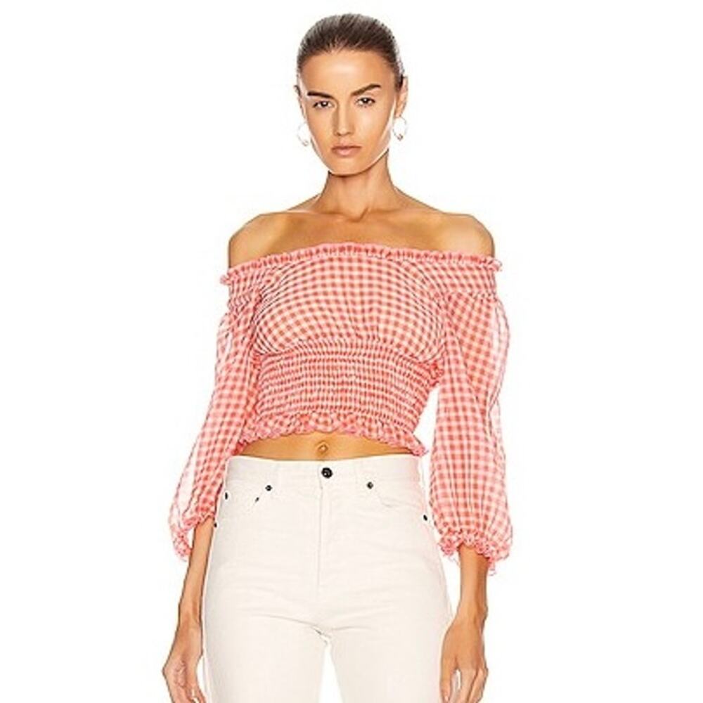 Sandy Liang Moana Top 3/4 Sleeve Ruffle Smocked Puff Sleeve Blouse Gingham Plaid